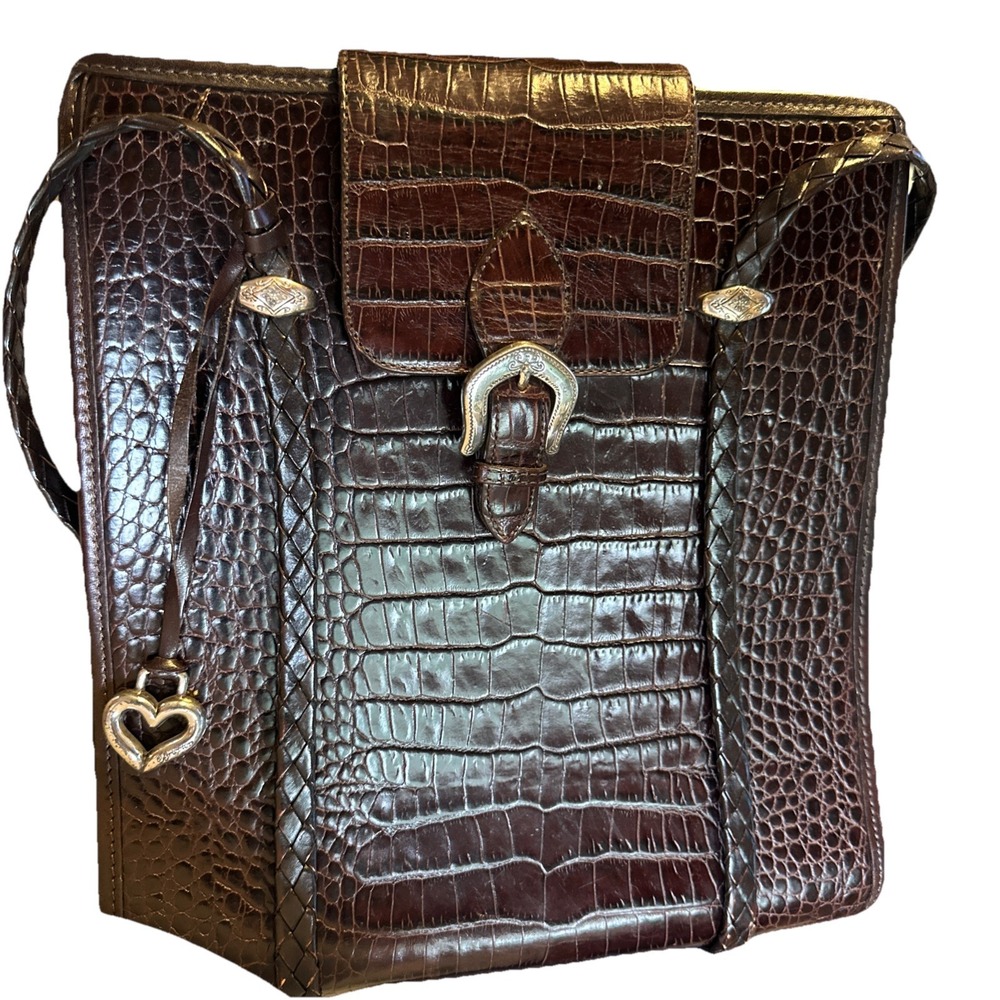 Vintage Brighton Brown Croc Leather Braided Shoulder Bag Silver Charm & Hardware